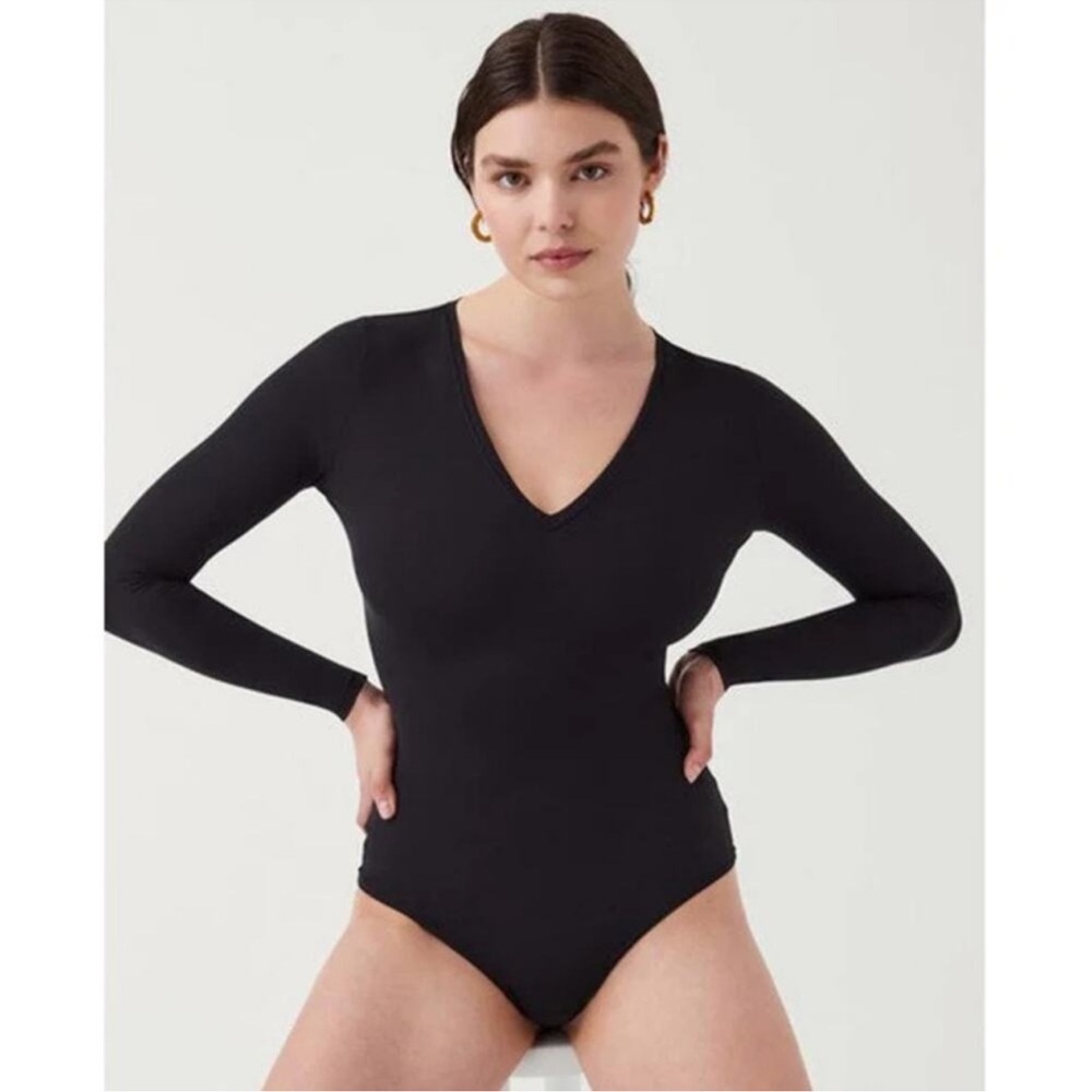 Spanx Suit Yourself V Neck Long Sleeve Bodysuit Womens Large Black